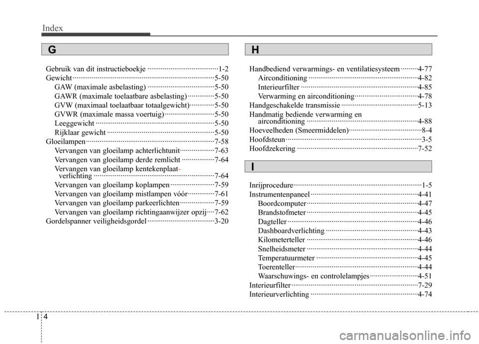 Hyundai Genesis Coupe 2011  Handleiding (in Dutch) Index
4
I
Gebruik van dit instructieboekje ·····································1-2 
Gewicht ···································