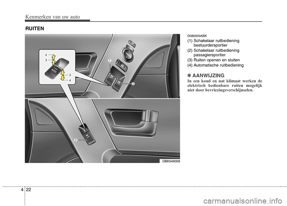 Hyundai Genesis Coupe 2011  Handleiding (in Dutch) Kenmerken van uw auto
22
4
D080000ABK 
(1) Schakelaar ruitbediening
bestuurdersportier
(2) Schakelaar ruitbediening passagiersportier
(3) Ruiten openen en sluiten
(4) Automatische ruitbediening
✽✽