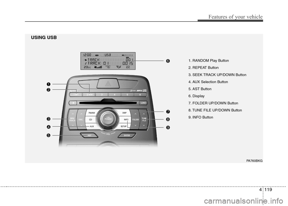 Hyundai Genesis Coupe 2010  Owners Manual 4119
Features of your vehicle
1. RANDOM Play Button  
2. REPEAT Button
3. SEEK TRACK UP/DOWN Button
4. AUX Selection Button
5. AST Button
6. Display
7. FOLDER UP/DOWN Button
8. TUNE FILE UP/DOWN Butto