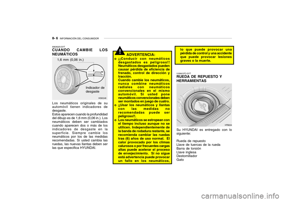 Hyundai Getz 2011 Manual del propietario (in Spanish) 8- 6
INFORMACIÓN DEL CONSUMIDOR
!
1,6 mm (0,06 in.)
HGK248
Indicador de
desgaste
I090A02S-GYTCUANDO CAMBIE LOS
NEUMÁTICOS
ADVERTENCIA:
o ¡¡Conducir con neumáticos
desgastados es peligroso!!
Neu Hyundai Getz 2011 Manual del propietario (in Spanish) 8- 6
INFORMACIÓN DEL CONSUMIDOR
!
1,6 mm (0,06 in.)
HGK248
Indicador de
desgaste
I090A02S-GYTCUANDO CAMBIE LOS
NEUMÁTICOS
ADVERTENCIA:
o ¡¡Conducir con neumáticos
desgastados es peligroso!!
Neu