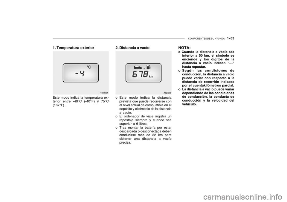 Hyundai Getz 2011  Manual del propietario (in Spanish) COMPONENTES DE SU HYUNDAI
   1- 63
HTB2025
2. Distancia a vacíoo Este modo indica la distancia
prevista que puede recorrerse con
el nivel actual de combustible en el
depósito y el símbolo de la dis