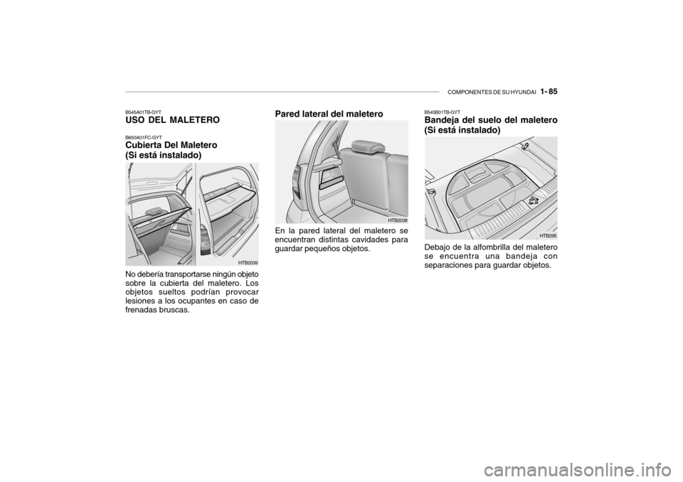 Hyundai Getz 2011  Manual del propietario (in Spanish) COMPONENTES DE SU HYUNDAI
   1- 85
Pared lateral del maletero
HTB295 HTB2038
En la pared lateral del maletero se
encuentran distintas cavidades para
guardar pequeños objetos.
B545B01TB-GYTBandeja del