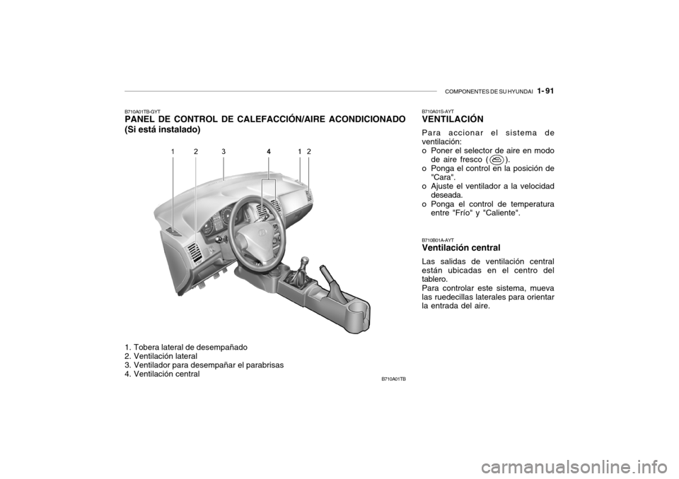 Hyundai Getz 2011  Manual del propietario (in Spanish) COMPONENTES DE SU HYUNDAI
   1- 91
B710A01TB
1. Tobera lateral de desempañado
2. Ventilación lateral
3. Ventilador para desempañar el parabrisas
4. Ventilación centralB710A01TB-GYTPANEL DE CONTROL