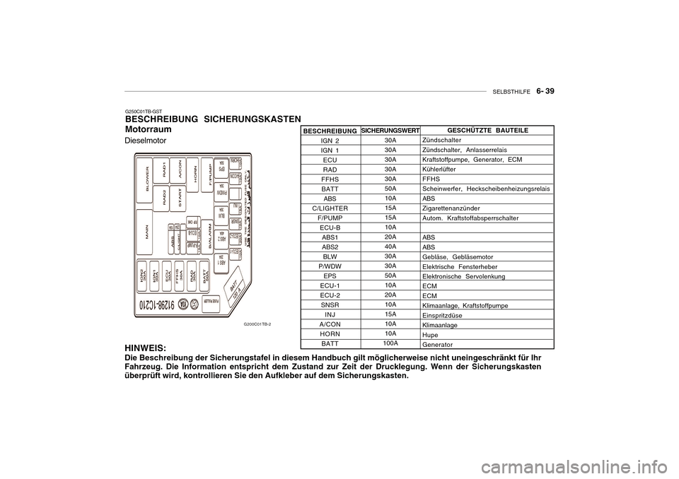 Hyundai Getz 2010  Betriebsanleitung (in German) SELBSTHILFE    6- 39
SICHERUNGSWERT
30A 30A30A30A30A50A10A15A15A10A20A40A30A30A50A10A20A10A15A10A10A
100A
G250C01TB-GST
BESCHREIBUNG SICHERUNGSKASTEN Motorraum
HINWEIS: Die Beschreibung der Sicherungs