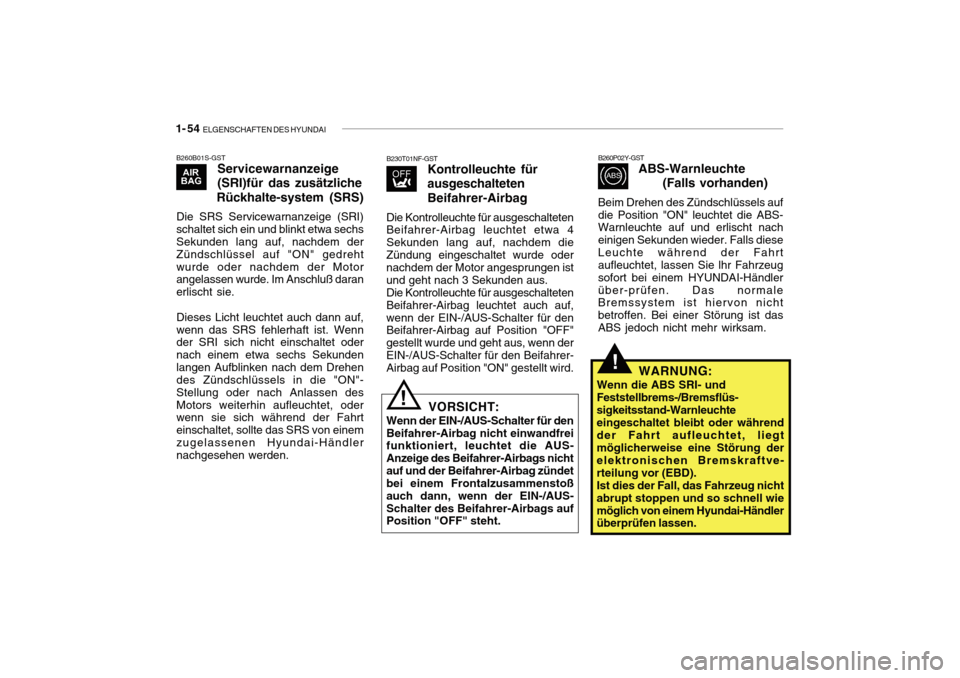 Hyundai Getz 2010 Betriebsanleitung (in German) 1- 54 ELGENSCHAFTEN DES HYUNDAI
B260B01S-GST
Servicewarnanzeige (SRI)für das zusätzliche
Rückhalte-system (SRS)
Die SRS Servicewarnanzeige (SRI) schaltet sich ein und blinkt etwa sechs Sekunden la Hyundai Getz 2010 Betriebsanleitung (in German) 1- 54 ELGENSCHAFTEN DES HYUNDAI
B260B01S-GST
Servicewarnanzeige (SRI)für das zusätzliche
Rückhalte-system (SRS)
Die SRS Servicewarnanzeige (SRI) schaltet sich ein und blinkt etwa sechs Sekunden la