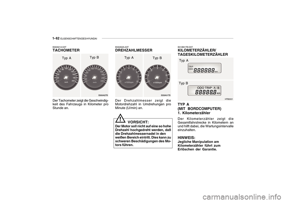 Hyundai Getz 2010  Betriebsanleitung (in German) 1- 62  ELGENSCHAFTEN DES HYUNDAI
B310B01TB-GST KILOMETERZÄHLER/ TAGESKILOMETERZÄHLER
TYP A(MIT BORDCOMPUTER)1. Kilometerzähler Der Kilometerzähler zeigt die Gesamtfahrstrecke in Kilometern an und 