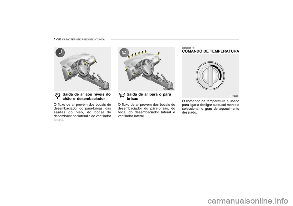 Hyundai Getz 2010  Manual do proprietário (in Portuguese) 1- 98  CARACTERÍSTICAS DO SEU HYUNDAI
B670D01TB B670D05TB
Saída de ar aos níveis do chão e desembaciador
O fluxo de ar provém dos bocais do desembaciador do pára-brisas, das saídas do piso, do 