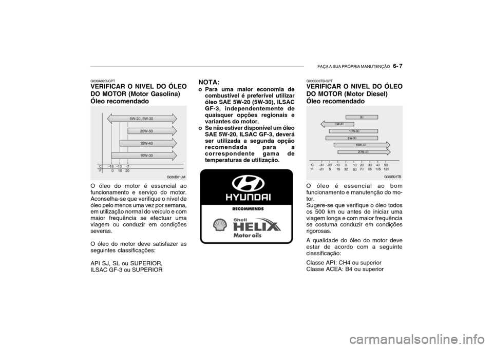 Hyundai Getz 2010 Manual do proprietário (in Portuguese) FAÇA A SUA PRÓPRIA MANUTENÇÃO 6- 7
G030A02O-GPT
VERIFICAR O NIVEL DO ÓLEO DO MOTOR (Motor Gasolina)
Óleo recomendado
G030B01TB
G030B03TB-GPT VERIFICAR O NIVEL DO ÓLEO DO MOTOR (Motor Diesel) Hyundai Getz 2010 Manual do proprietário (in Portuguese) FAÇA A SUA PRÓPRIA MANUTENÇÃO 6- 7
G030A02O-GPT
VERIFICAR O NIVEL DO ÓLEO DO MOTOR (Motor Gasolina)
Óleo recomendado
G030B01TB
G030B03TB-GPT VERIFICAR O NIVEL DO ÓLEO DO MOTOR (Motor Diesel)