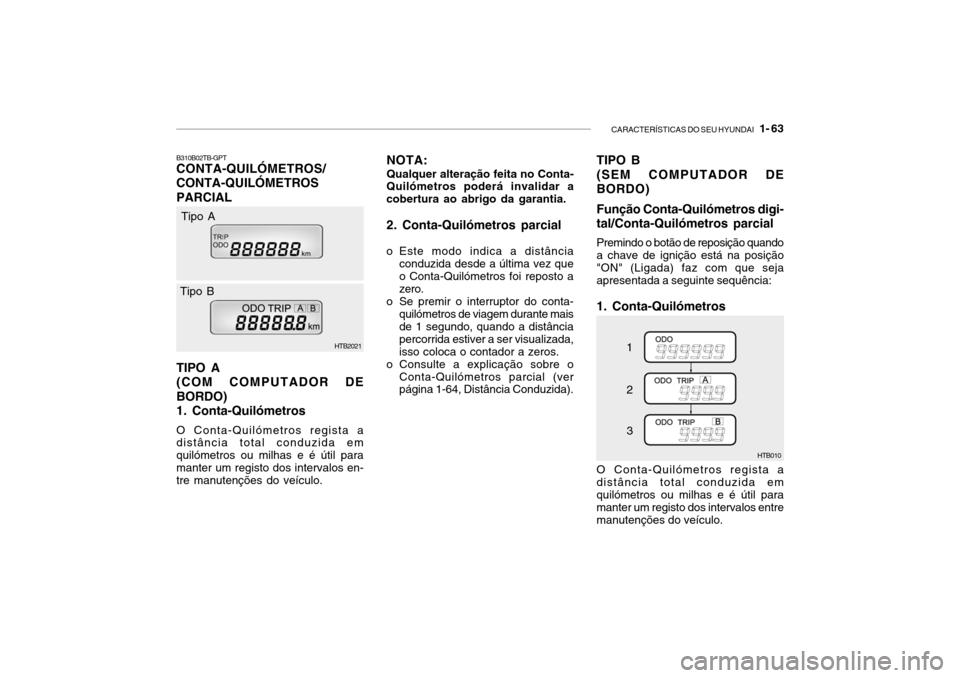 Hyundai Getz 2010  Manual do proprietário (in Portuguese) CARACTERÍSTICAS DO SEU HYUNDAI   1- 63
B310B02TB-GPT CONTA-QUILÓMETROS/ CONTA-QUILÓMETROSPARCIAL TIPO A (COM COMPUTADOR DEBORDO)1. Conta-Quilómetros O Conta-Quilómetros regista a distância total