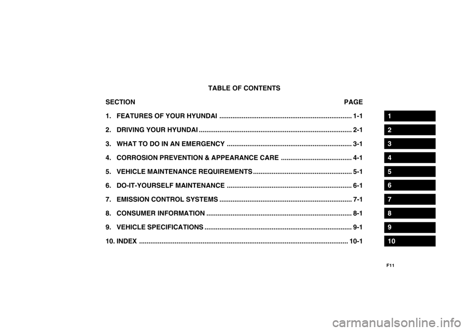 Hyundai Getz 2009  Owners Manual - RHD (UK, Australia) F11
TABLE OF CONTENTS
SECTION PAGE
1. FEATURES OF YOUR  HYUNDAI ....................................................................... 1-1
2. DRIVING YOUR  HYUNDAI ...................................