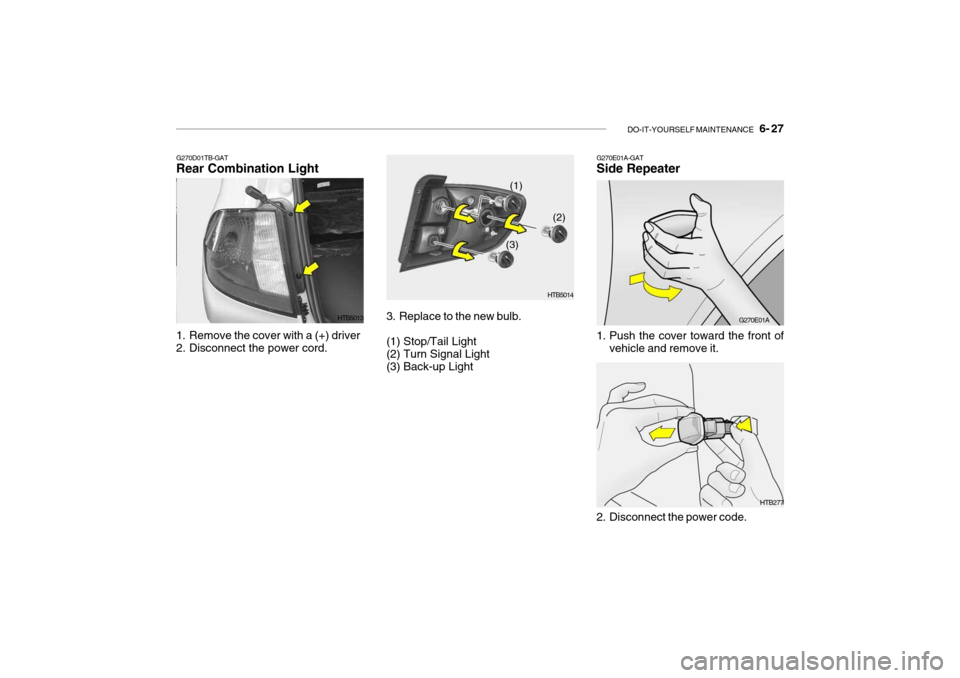 Hyundai Getz 2009  Owners Manual - RHD (UK, Australia) DO-IT-YOURSELF MAINTENANCE    6- 27
G270D01TB-GAT Rear Combination Light
HTB5013
1. Remove the cover with a (+) driver 
2. Disconnect the power cord. 3. Replace to the new bulb. (1) Stop/Tail Light (2