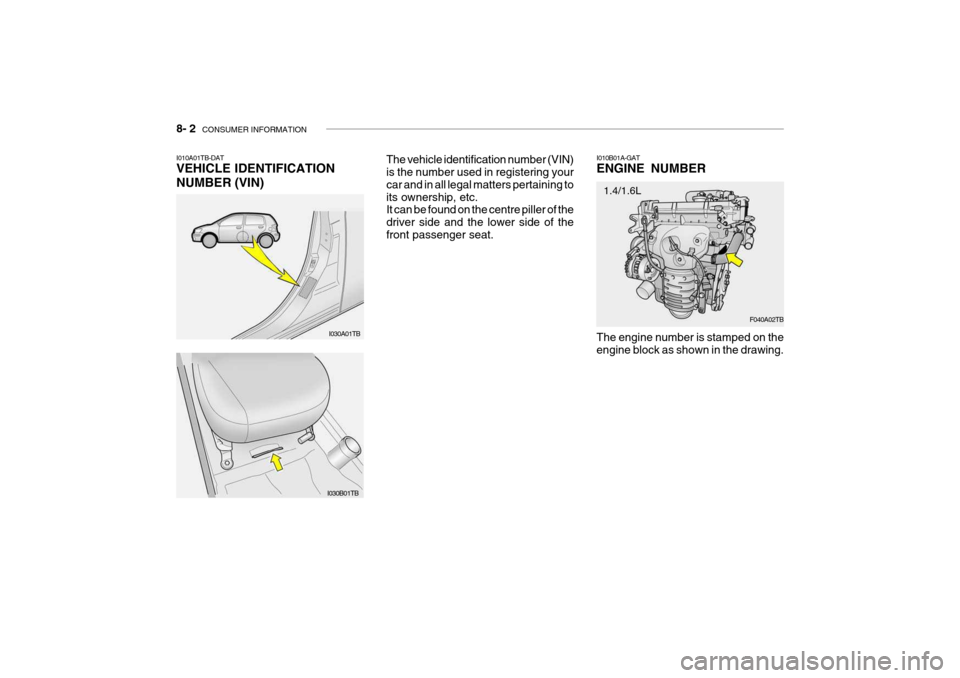 Hyundai Getz 2009  Owners Manual - RHD (UK, Australia) 8- 2  CONSUMER INFORMATION
I030A01TB
I010A01TB-DAT VEHICLE IDENTIFICATION NUMBER (VIN)
The vehicle identification number (VIN) is the number used in registering your car and in all legal matters perta