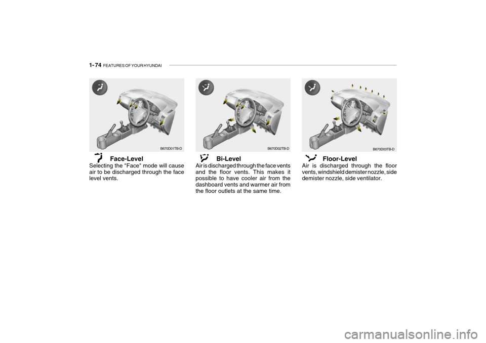 Hyundai Getz 2009  Owners Manual - RHD (UK, Australia) 1- 74  FEATURES OF YOUR HYUNDAI
B670D01TB-D
Face-Level
Selecting the "Face" mode will cause air to be discharged through the face level vents. Bi-Level
Air is discharged through the face vents and the