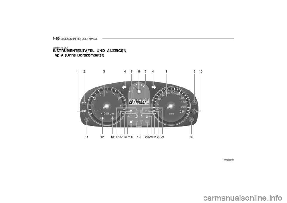 Hyundai Getz 2009  Betriebsanleitung (in German) 1- 50  ELGENSCHAFTEN DES HYUNDAI
B260B01TB-GST INSTRUMENTENTAFEL UND ANZEIGEN Typ A (Ohne Bordcomputer)
OTB028107  