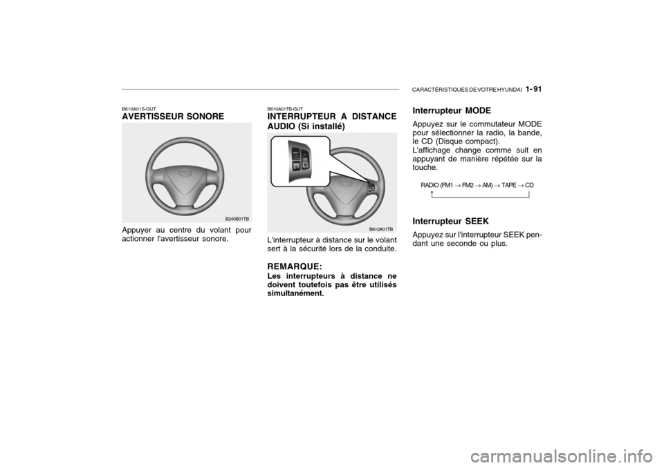 Hyundai Getz 2009  Manuel du propriétaire (in French) CARACTÉRISTIQUES DE VOTRE HYUNDAI   1- 91
B610A01S-GUT AVERTISSEUR SONORE
B240B01TB
Appuyer au centre du volant pouractionner lavertisseur sonore.
B610A01TB
B610A01TB-GUT INTERRUPTEUR A DISTANCE AUD