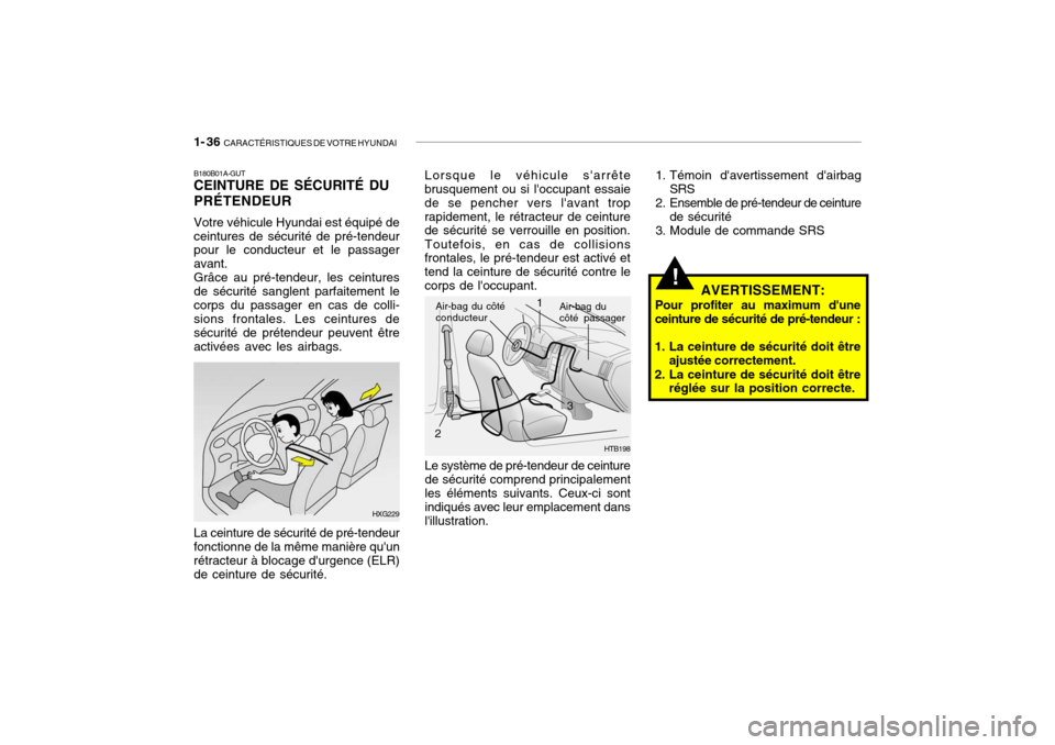 Hyundai Getz 2009  Manuel du propriétaire (in French) 1- 36  CARACTÉRISTIQUES DE VOTRE HYUNDAI
HTB198
Air-bag du côté conducteur
Air-bag du côté passager
Lorsque le véhicule sarrête
brusquement ou si loccupant essaie de se pencher vers lavant t