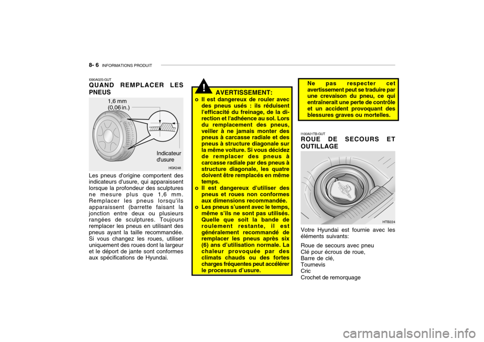 Hyundai Getz 2008 Manuel du propriétaire (in French) 8- 6 INFORMATIONS PRODUIT
I100A01TB-GUT ROUE DE SECOURS ET OUTILLAGE Votre Hyundai est fournie avec les
éléments suivants:
Roue de secours avec pneu Clé pour écrous de roue, Barre de clé, Tourne Hyundai Getz 2008 Manuel du propriétaire (in French) 8- 6 INFORMATIONS PRODUIT
I100A01TB-GUT ROUE DE SECOURS ET OUTILLAGE Votre Hyundai est fournie avec les
éléments suivants:
Roue de secours avec pneu Clé pour écrous de roue, Barre de clé, Tourne