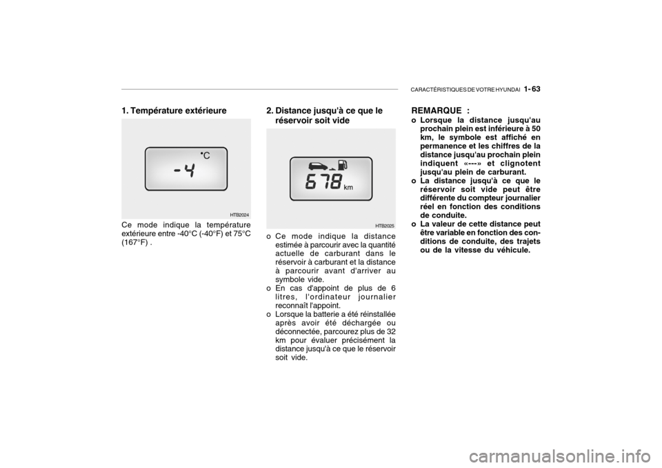 Hyundai Getz 2008 Manuel du propriétaire (in French) CARACTÉRISTIQUES DE VOTRE HYUNDAI 1- 63
HTB2025
1. Température extérieure Ce mode indique la température extérieure entre -40°C (-40°F) et 75°C (167°F) .
HTB20242. Distance jusquà ce que Hyundai Getz 2008 Manuel du propriétaire (in French) CARACTÉRISTIQUES DE VOTRE HYUNDAI 1- 63
HTB2025
1. Température extérieure Ce mode indique la température extérieure entre -40°C (-40°F) et 75°C (167°F) .
HTB20242. Distance jusquà ce que