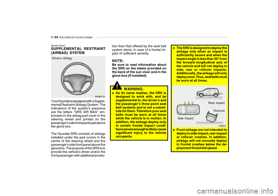 Hyundai Getz 2007  Owners Manual 1- 34  FEATURES OF YOUR HYUNDAI
HTB203
Rear impact
Side Impact Rollover
o The SRS is designed to deploy the
airbags only when an impact is sufficiently severe and when theimpact angle is less than 30