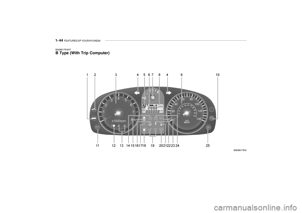 Hyundai Getz 2007  Owners Manual 1- 44  FEATURES OF YOUR HYUNDAI
B260B01TB-EAT B Type (With Trip Computer)
B260B01TB-E  