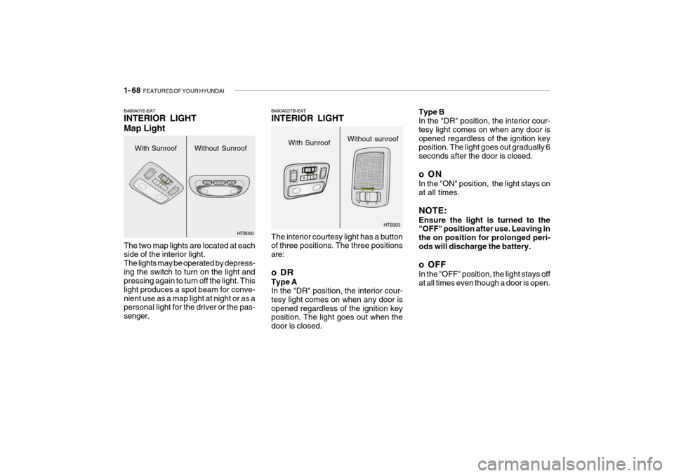 Hyundai Getz 2007  Owners Manual 1- 68  FEATURES OF YOUR HYUNDAI
With Sunroof
B480A01E-EAT INTERIOR LIGHT Map Light The two map lights are located at each side of the interior light. The lights may be operated by depress-ing the swit