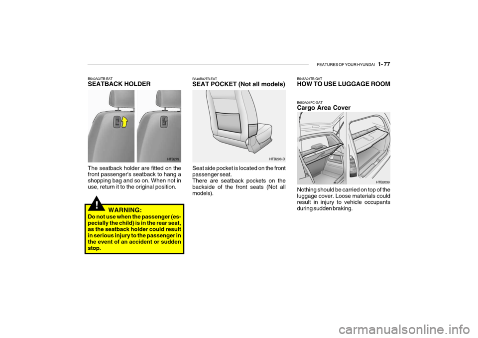 Hyundai Getz 2007  Owners Manual FEATURES OF YOUR HYUNDAI   1- 77
!
B540B02TB-EAT SEAT POCKET (Not all models) Seat side pocket is located on the front passenger seat.There are seatback pockets on the backside of the front seats (Not