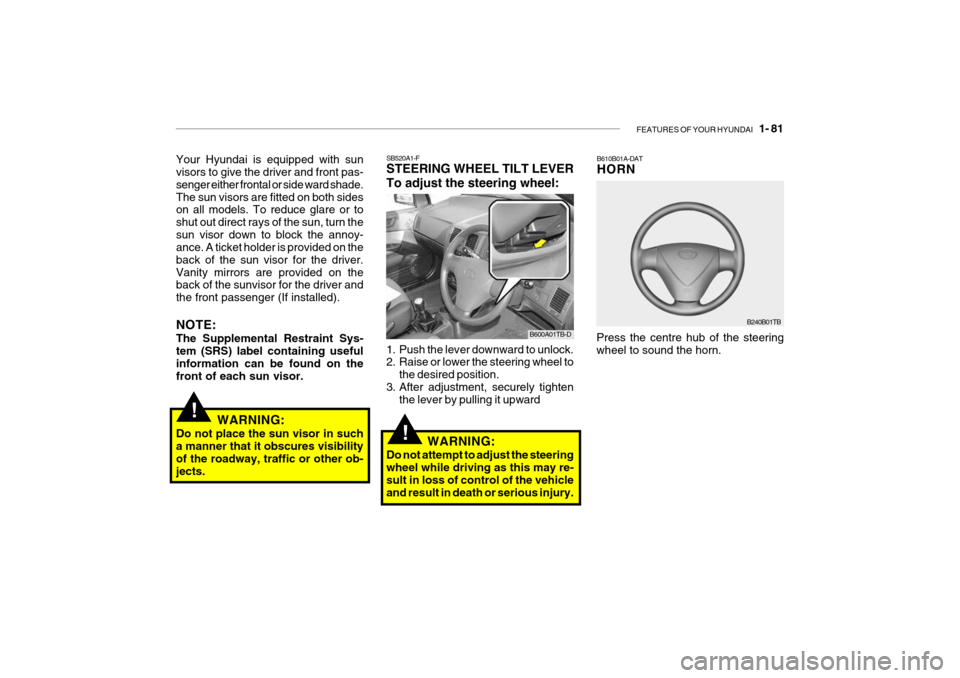 Hyundai Getz 2007  Owners Manual FEATURES OF YOUR HYUNDAI   1- 81
!
!
SB520A1-F STEERING WHEEL TILT LEVER To adjust the steering wheel: 
1. Push the lever downward to unlock. 
2. Raise or lower the steering wheel to
the desired posit