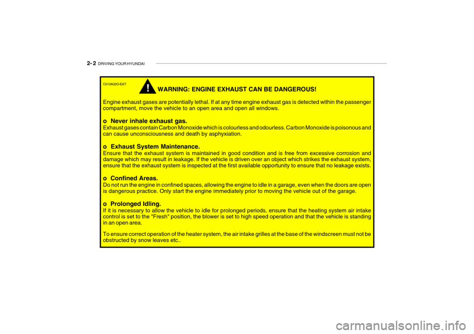 Hyundai Getz 2007  Owners Manual 2- 2  DRIVING YOUR HYUNDAI
!
C010A02O-EAT
WARNING: ENGINE EXHAUST CAN BE DANGEROUS!
Engine exhaust gases are potentially lethal. If at any time engine exhaust gas is detected within the passenger comp