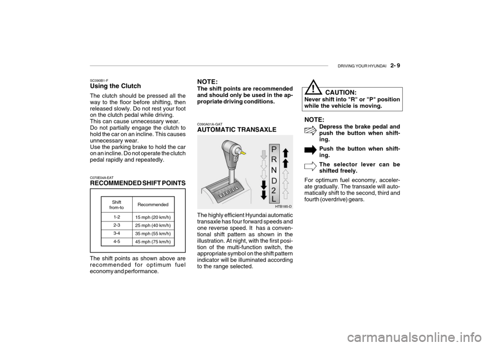Hyundai Getz 2007  Owners Manual DRIVING YOUR HYUNDAI    2- 9
C070E04A-EAT RECOMMENDED SHIFT POINTS
1-2 2-3 3-44-5
Shift
from-to Recommended
15 mph (20 km/h)25 mph (40 km/h)35 mph (55 km/h) 45 mph (75 km/h)
The shift points as shown 