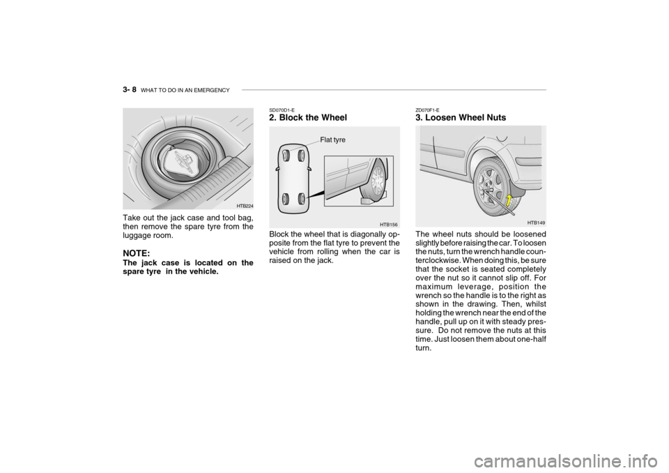 Hyundai Getz 2007  Owners Manual 3- 8  WHAT TO DO IN AN EMERGENCY
HTB149
ZD070F1-E 3. Loosen Wheel Nuts The wheel nuts should be loosened slightly before raising the car. To loosen the nuts, turn the wrench handle coun- terclockwise.