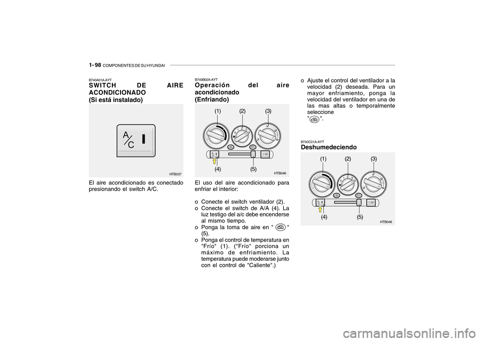 Hyundai Getz 2007  Manual del propietario (in Spanish) 1- 98  COMPONENTES DE SU HYUNDAI
B740B02A-AYT Operación del aire acondicionado (Enfriando)
B740A01A-AYT SWITCH DE AIRE ACONDICIONADO (Si está instalado)
HTB046HTB046
HTB037
El aire acondicionado es 