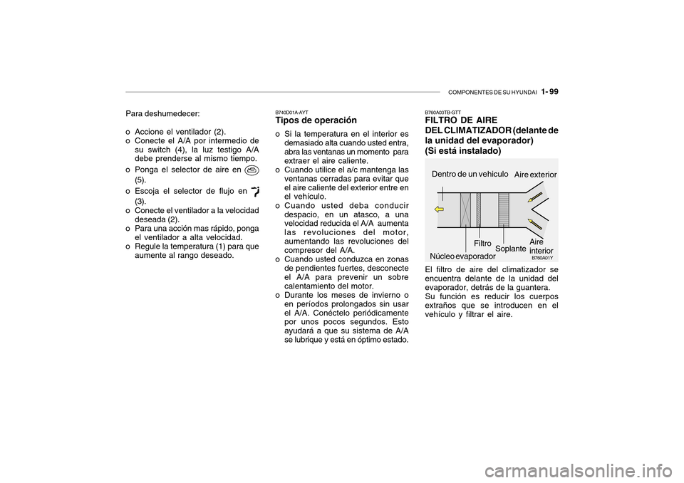 Hyundai Getz 2007  Manual del propietario (in Spanish) COMPONENTES DE SU HYUNDAI   1- 99
Para deshumedecer:
o Accione el ventilador (2). 
o Conecte el A/A por intermedio de su switch (4), la luz testigo A/A debe prenderse al mismo tiempo.
o Ponga el selec