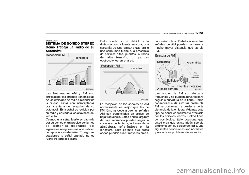 Hyundai Getz 2007  Manual del propietario (in Spanish) COMPONENTES DE SU HYUNDAI   1- 101
Esto puede ocurrir debido a la
distancia con la fuente emisora, o la cercanía de una emisora que emiteuna señal más fuerte o la presencia de edificios altos, puen