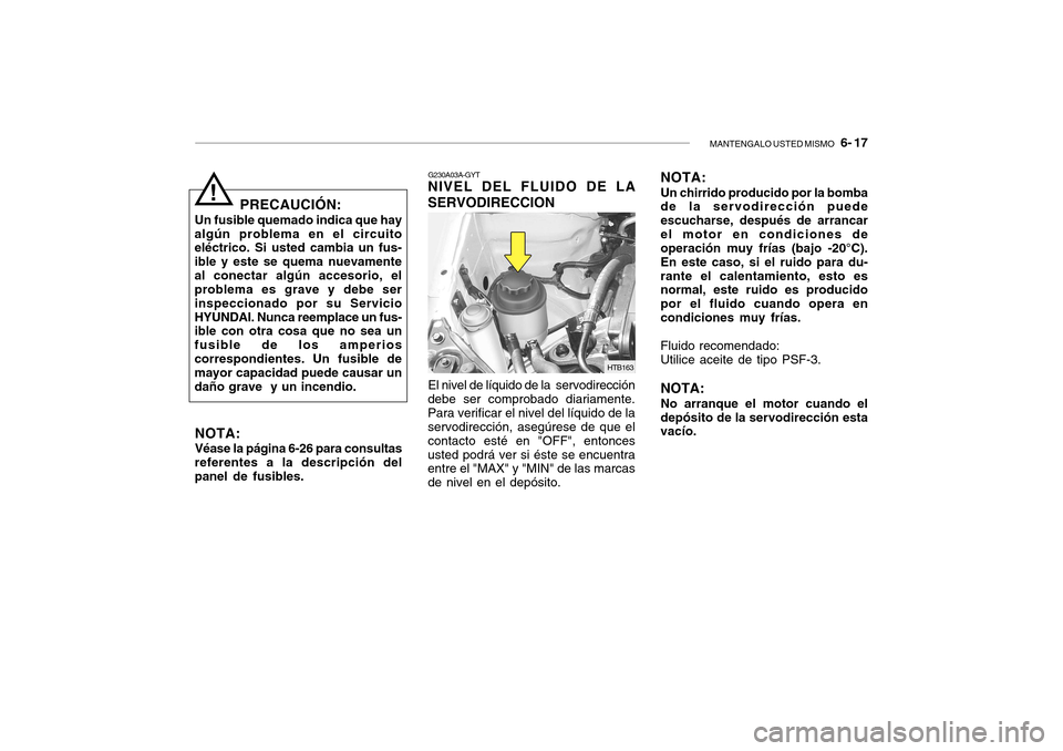 Hyundai Getz 2007  Manual del propietario (in Spanish) MANTENGALO USTED MISMO   6- 17
NOTA: Véase la página 6-26 para consultas
referentes a la descripción del panel de fusibles. PRECAUCIÓN:
Un fusible quemado indica que hay
algún problema en el circ