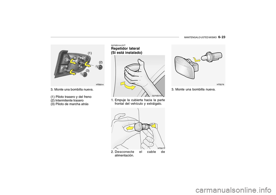 Hyundai Getz 2007  Manual del propietario (in Spanish) MANTENGALO USTED MISMO   6- 23
G270E01A-GYT
Repetidor lateral (Si está instalado)
HTB5014
(1)
(2)
(3)
3. Monte una bombilla nueva. (1) Piloto trasero y del freno (2) Intermitente trasero (3) Piloto d