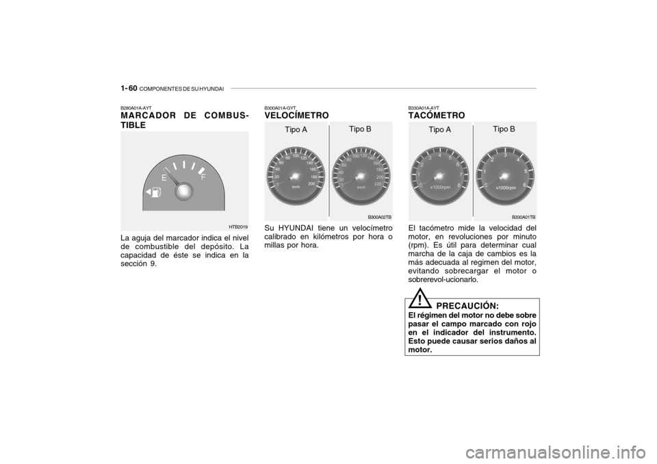 Hyundai Getz 2007  Manual del propietario (in Spanish) 1- 60  COMPONENTES DE SU HYUNDAI
Su HYUNDAI tiene un velocímetro
calibrado en kilómetros por hora o millas por hora. B300A01A-GYTVELOCÍMETRO
B300A02TB
Tipo A
Tipo BB330A01A-AYTTACÓMETRO El tacóme