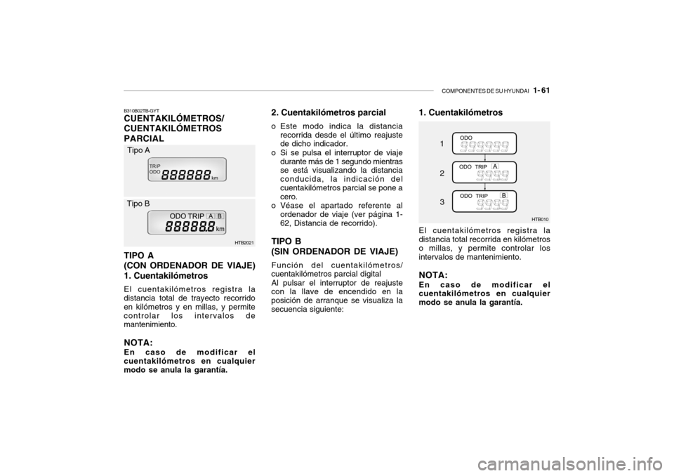 Hyundai Getz 2007  Manual del propietario (in Spanish) COMPONENTES DE SU HYUNDAI   1- 61
B310B02TB-GYT CUENTAKILÓMETROS/ CUENTAKILÓMETROSPARCIAL TIPO A (CON ORDENADOR DE VIAJE)1. Cuentakilómetros El cuentakilómetros registra la
distancia total de tray