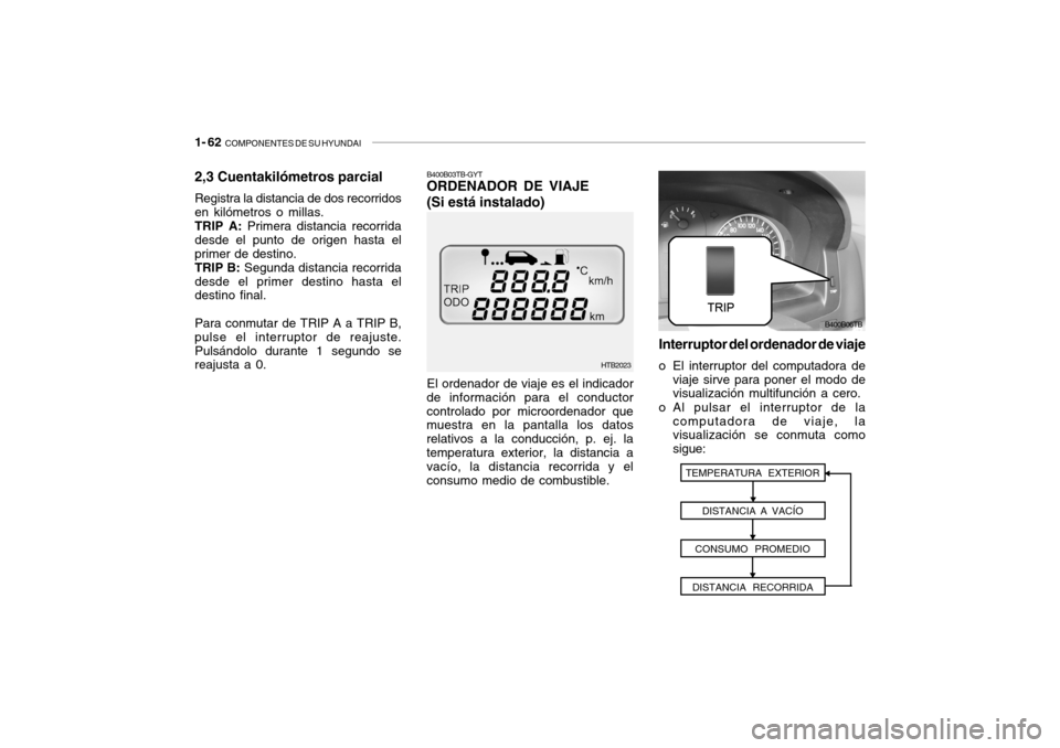Hyundai Getz 2007  Manual del propietario (in Spanish) 1- 62  COMPONENTES DE SU HYUNDAI
2,3 Cuentakilómetros parcial Registra la distancia de dos recorridos en kilómetros o millas.TRIP A:  Primera distancia recorrida
desde el punto de origen hasta elpri