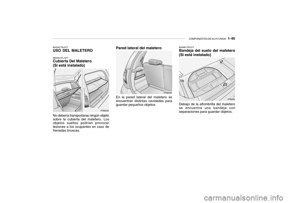Hyundai Getz 2007  Manual del propietario (in Spanish) COMPONENTES DE SU HYUNDAI   1- 85
Pared lateral del maletero
HTB295
HTB2038
En la pared lateral del maletero se
encuentran distintas cavidades para guardar pequeños objetos. B545B01TB-GYT Bandeja del