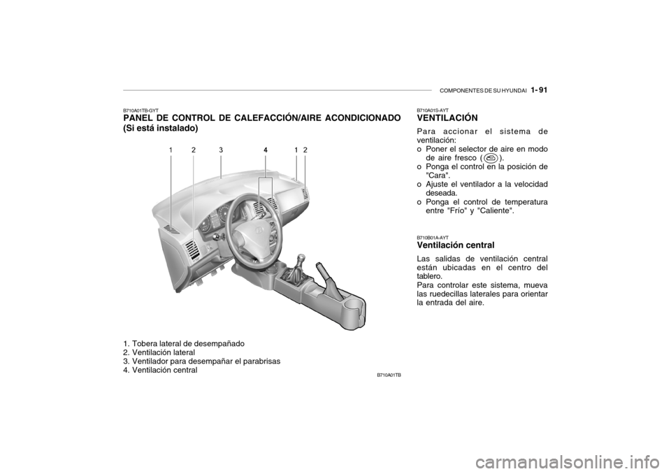 Hyundai Getz 2007  Manual del propietario (in Spanish) COMPONENTES DE SU HYUNDAI   1- 91
B710A01TB
1. Tobera lateral de desempañado 
2. Ventilación lateral 
3. Ventilador para desempañar el parabrisas 
4. Ventilación central
B710A01TB-GYT PANEL DE CON
