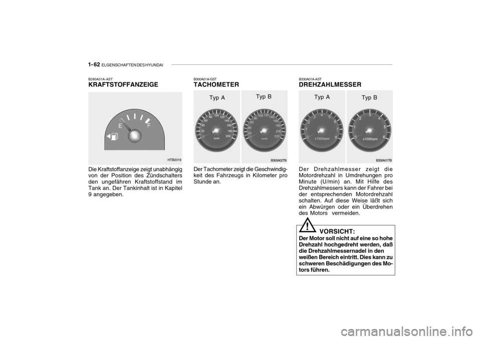 Hyundai Getz 2006  Betriebsanleitung (in German) 1- 62  ELGENSCHAFTEN DES HYUNDAI
B330A01A-AST
DREHZAHLMESSER
B300A01A-GST TACHOMETER
Der Tachometer zeigt die Geschwindig-keit des Fahrzeugs in Kilometer pro Stunde an.
B300A02TB
Typ A
Typ BB330A01TB
