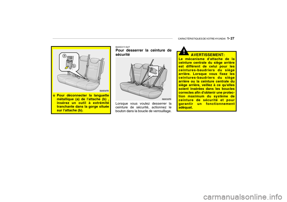 Hyundai Getz 2006  Manuel du propriétaire (in French) CARACTÉRISTIQUES DE VOTRE HYUNDAI   1- 27
!
B220C01Y-GUT Pour desserrer la ceinture de
sécurité
B220C02TB
Lorsque vous voulez desserrer la
ceinture de sécurité, actionnez le bouton dans la boucle