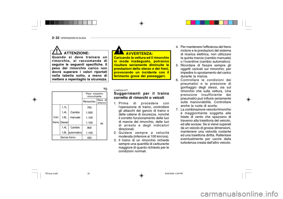 Hyundai Getz 2006 Manuale del proprietario (in Italian) 2- 22 OPERAZIONI DI GUIDA
4. Per mantenere lefficienza del freno
motore e le prestazioni del sistema di ricarica elettrica, non utilizzarela quinta marcia (cambio manuale) o loverdrive (cambio auto Hyundai Getz 2006 Manuale del proprietario (in Italian) 2- 22 OPERAZIONI DI GUIDA
4. Per mantenere lefficienza del freno
motore e le prestazioni del sistema di ricarica elettrica, non utilizzarela quinta marcia (cambio manuale) o loverdrive (cambio auto