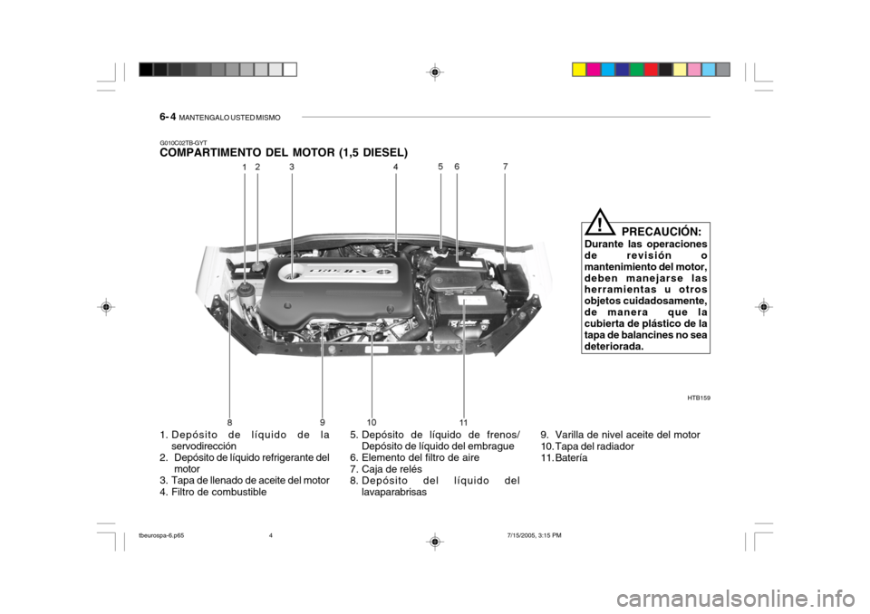 Hyundai Getz 2005  Manual del propietario (in Spanish) 6- 4  MANTENGALO USTED MISMO
G010C02TB-GYT
COMPARTIMENTO DEL MOTOR (1,5 DIESEL)
HTB159
PRECAUCIÓN:
Durante las operaciones
de revisión o mantenimiento del motor,deben manejarse las herramientas u ot