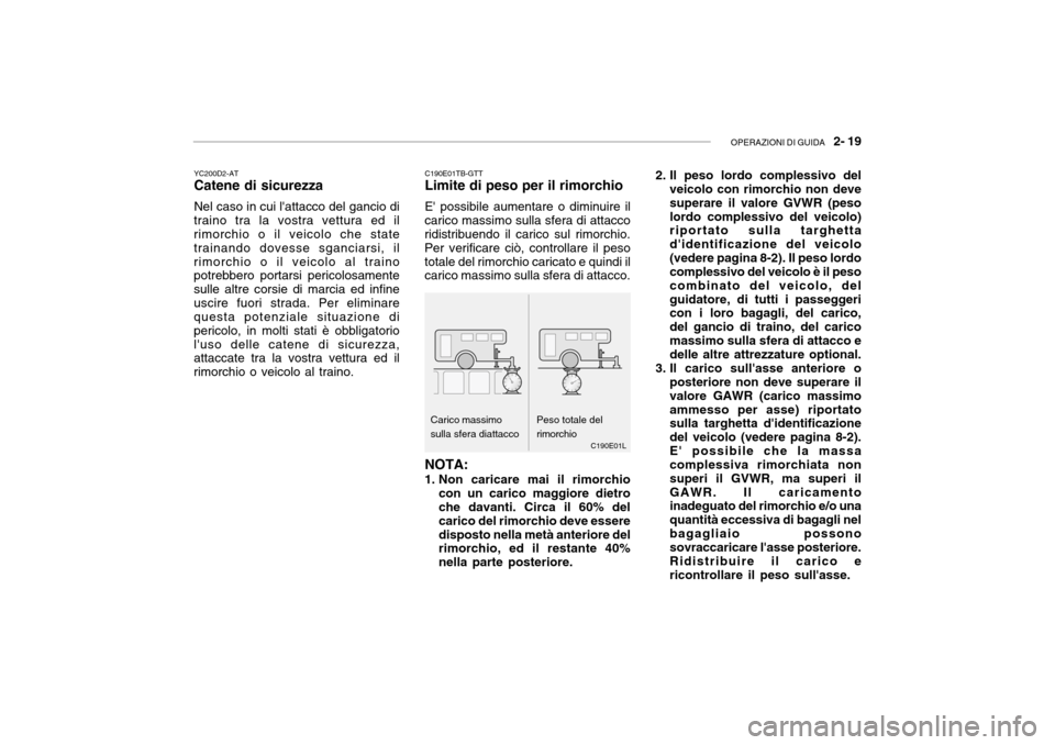 Hyundai Getz 2005 Manuale del proprietario (in Italian) OPERAZIONI DI GUIDA 2- 19
Carico massimo sulla sfera diattacco 2. Il peso lordo complessivo del
veicolo con rimorchio non deve superare il valore GVWR (pesolordo complessivo del veicolo) riportato s Hyundai Getz 2005 Manuale del proprietario (in Italian) OPERAZIONI DI GUIDA 2- 19
Carico massimo sulla sfera diattacco 2. Il peso lordo complessivo del
veicolo con rimorchio non deve superare il valore GVWR (pesolordo complessivo del veicolo) riportato s
