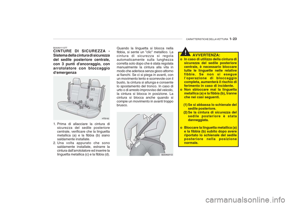 Hyundai Getz 2005 Manuale del proprietario (in Italian) CARATTERISTICHE DELLA VETTURA 1- 23
!
B220A01Y-GTT CINTURE DI SICUREZZA - Sistema della cintura di sicurezzadel sedile posteriore centrale,con 3 punti dancoraggio, conarrotolatore con bloccaggiode Hyundai Getz 2005 Manuale del proprietario (in Italian) CARATTERISTICHE DELLA VETTURA 1- 23
!
B220A01Y-GTT CINTURE DI SICUREZZA - Sistema della cintura di sicurezzadel sedile posteriore centrale,con 3 punti dancoraggio, conarrotolatore con bloccaggiode