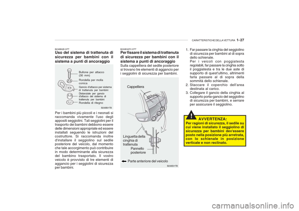 Hyundai Getz 2005 Manuale del proprietario (in Italian) CARATTERISTICHE DELLA VETTURA 1- 27
!
B230B01TB
B230E01TB
Pannello posteriore
Parte anteriore del veicolo
Linguetta della cinghia di trattenuta Cappelliera
B230E02FC-DTT Per fissare il sistema di tr Hyundai Getz 2005 Manuale del proprietario (in Italian) CARATTERISTICHE DELLA VETTURA 1- 27
!
B230B01TB
B230E01TB
Pannello posteriore
Parte anteriore del veicolo
Linguetta della cinghia di trattenuta Cappelliera
B230E02FC-DTT Per fissare il sistema di tr