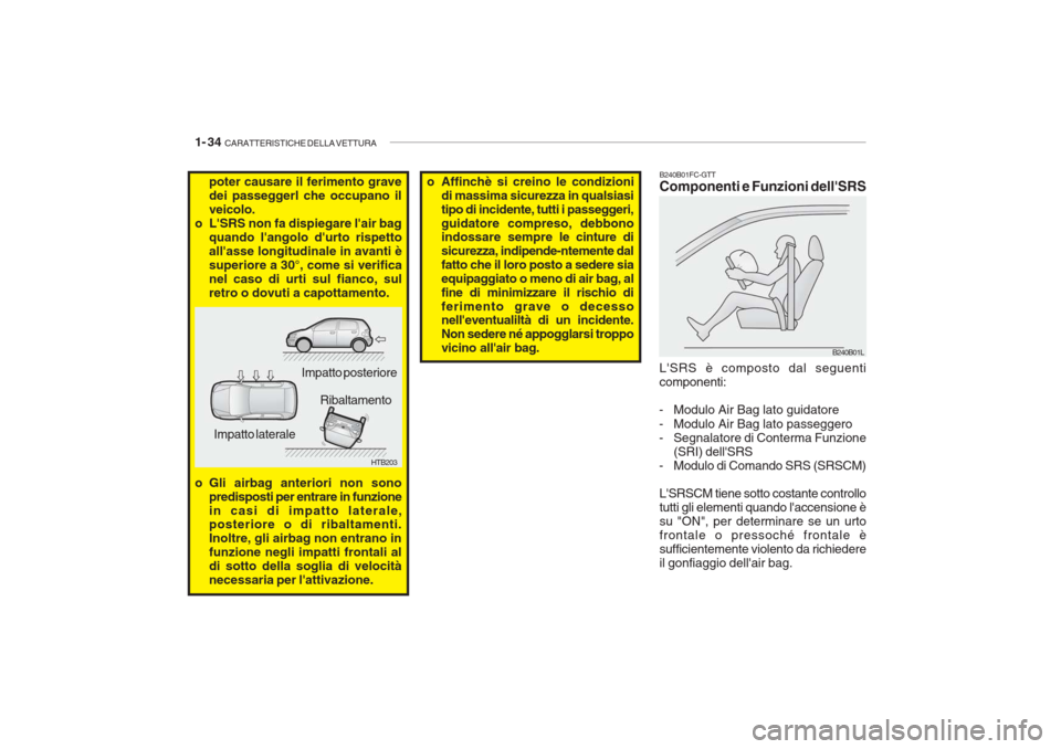 Hyundai Getz 2005 Manuale del proprietario (in Italian) 1- 34 CARATTERISTICHE DELLA VETTURA
poter causare il ferimento grave dei passeggerl che occupano ilveicolo.
o LSRS non fa dispiegare lair bag
quando langolo durto rispettoallasse longitudinale i Hyundai Getz 2005 Manuale del proprietario (in Italian) 1- 34 CARATTERISTICHE DELLA VETTURA
poter causare il ferimento grave dei passeggerl che occupano ilveicolo.
o LSRS non fa dispiegare lair bag
quando langolo durto rispettoallasse longitudinale i
