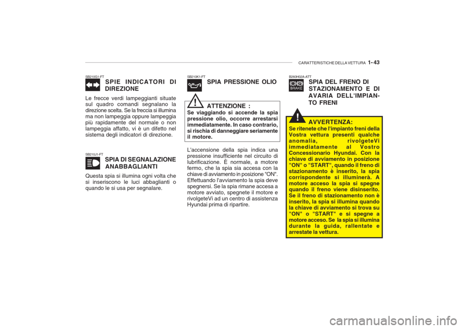 Hyundai Getz 2005 Manuale del proprietario (in Italian) CARATTERISTICHE DELLA VETTURA 1- 43
!
B260H02A-ATT
SPIA DEL FRENO DI STAZIONAMENTO E DI
AVARIA DELLIMPIAN- TO FRENI
SB210J1-FT SPIA DI SEGNALAZIONE
ANABBAGLIANTI
Questa spia si illumina ogni volta Hyundai Getz 2005 Manuale del proprietario (in Italian) CARATTERISTICHE DELLA VETTURA 1- 43
!
B260H02A-ATT
SPIA DEL FRENO DI STAZIONAMENTO E DI
AVARIA DELLIMPIAN- TO FRENI
SB210J1-FT SPIA DI SEGNALAZIONE
ANABBAGLIANTI
Questa spia si illumina ogni volta