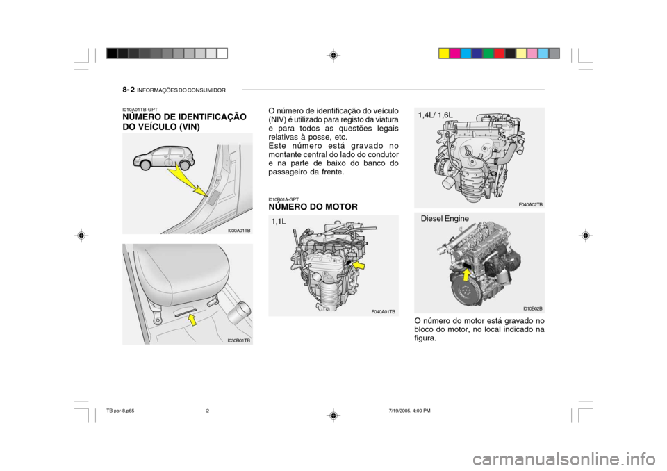Hyundai Getz 2005  Manual do proprietário (in Portuguese) 8- 2  INFORMAÇÕES DO CONSUMIDOR
I010A01TB-GPT NÚMERO DE IDENTIFICAÇÃO DO VEÍCULO (VIN) O número de identificação do veículo (NIV) é utilizado para registo da viatura e para todos as questõ